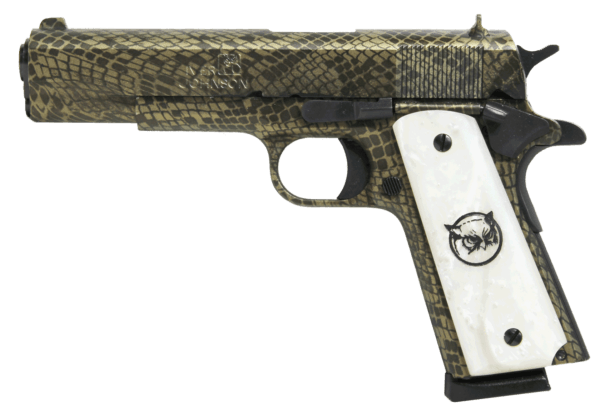 Iver Johnson Arms 1911A1WATERMOCCASIN 1911 A1 Government 70 Series 45 ACP 8+1 5″ Barrel  Steel Frame w/Beavertail  Serrated Steel Slide  Water Moccasin Snakeskin Finish  White Synthetic Pearl Grip  Includes One Magazine  Gun Lock  & Lockable Gun Case