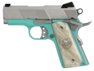 Iver Johnson Arms THRASHERTB9 1911 Thrasher Officer 70 Series 9mm Luger 3.13″ 8+1 Tiffany Blue Cerakote Silver Cerakote White Synthetic Pearl Grip