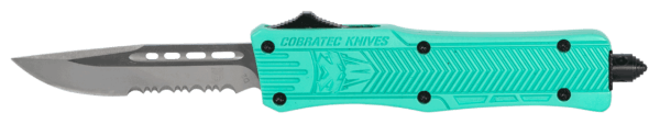 CobraTec Knives STFCTK1SDS CTK-1 Small 2.75″ OTF Drop Point Part Serrated D2 Steel Blade/ Tiffany Blue Aluminum Handle Features Glass Breaker Includes Pocket Clip