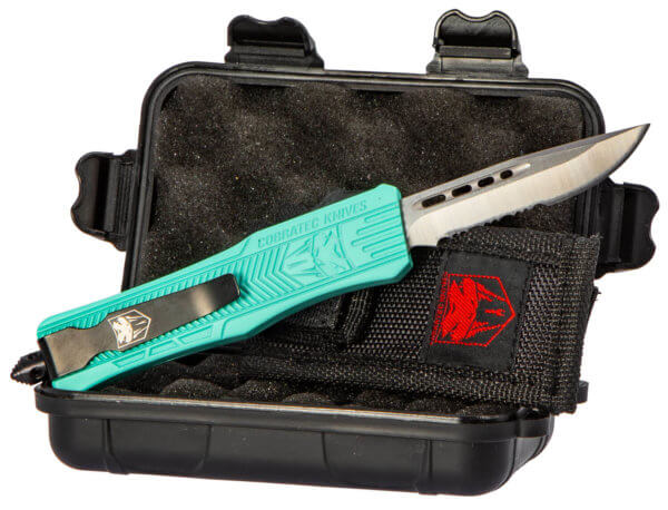 CobraTec Knives STFCTK1SDS CTK-1 Small 2.75″ OTF Drop Point Part Serrated D2 Steel Blade/ Tiffany Blue Aluminum Handle Features Glass Breaker Includes Pocket Clip