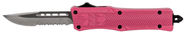 CobraTec Knives SPKCTK1SDS CTK-1 Small 2.75″ OTF Drop Point Part Serrated D2 Steel Blade/ Pink Aluminum Handle Features Glass Breaker Includes Pocket Clip