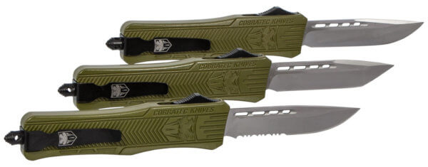 CobraTec Knives MODCTK1MDS CTK-1 Medium 3″ OTF Drop Point Part Serrated D2 Steel Blade/OD Green Aluminum Handle Features Glass Breaker Includes Pocket Clip