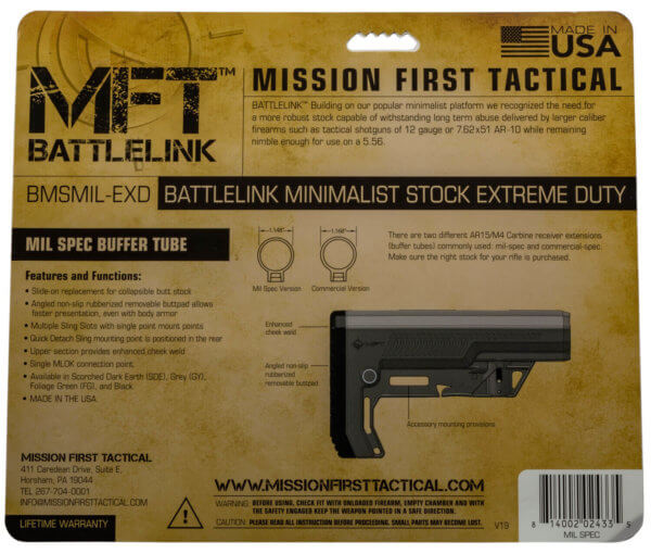 Mission First Tactical BMSMILEXD Battlelink Extreme Duty Minimalist Stock Collapsible Black Synthetic for AR-15 M16 M4 with Mil-Spec Tube (Tube Not Included)