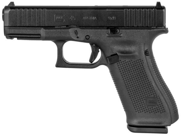 Glock PA455S201MOS G45 Gen5 Compact MOS 9mm Luger 4.02″ 10+1 Overall Black Finish with nDLC Steel with Front Serrations & MOS Cuts Slide Rough Texture Interchangeable Backstraps Grip & Fixed Sights