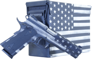 Citadel CITC45FUSGAC 1911-A1 Government 45 ACP 5″ 8+1 Overall American Flag Gray Cerakote Finish with Steel Slide Black G10 Grip & 70 Series Firing System Includes 2 Mags & Ammo Can