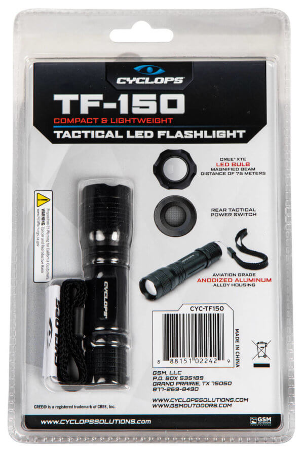 Cyclops CYCTF150 Tactical Flashlight Black Anodized Aluminum White 150 Lumens Cree LED 75 Meters Range