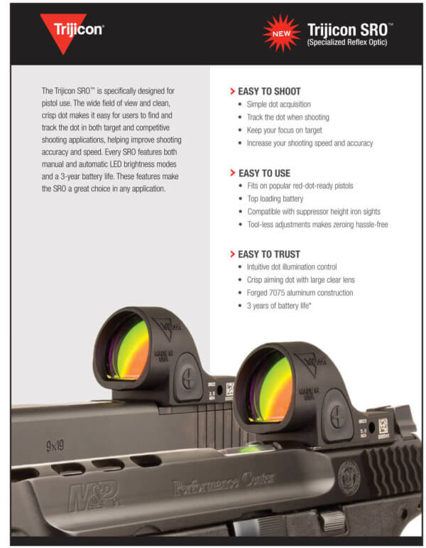 Trijicon 2500003 SRO  Matte Black 1x 25mm x 22.5mm 5 MOA Red Dot Reticle 5.0 MOA Dot Handgun Features Lock In/Out Mode