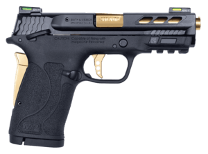 Smith & Wesson 12719 M&P Performance Center Shield EZ M2.0 380 ACP 8+1  3.80″ Gold Titanium Coated Steel Ported Barrel  Black Armornite Lightening Cut/Serrated Stainless Steel Slide  Matte Black Polymer Frame w/Picatinny Rail   Thumb/Grip Safety