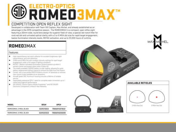 Sig Sauer Electro-Optics SOR31003 Romeo3Max Black 3 MOA Red Dot Reticle Illuminated