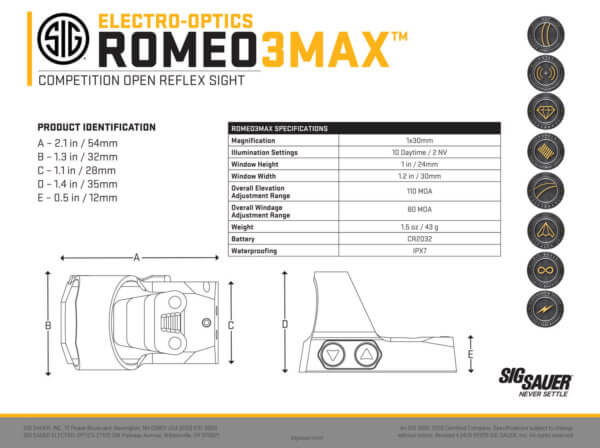 Sig Sauer Electro-Optics SOR31003 Romeo3Max Black 3 MOA Red Dot Reticle Illuminated