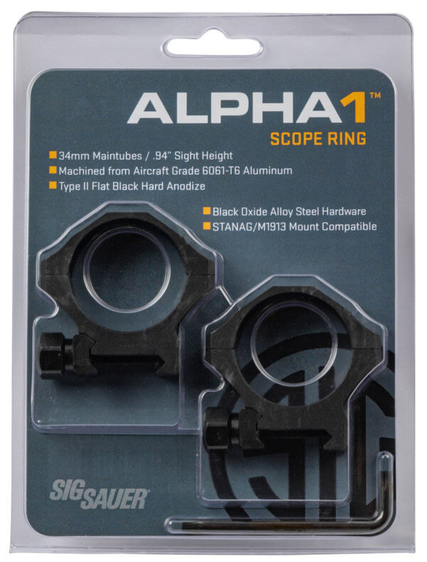 Sig Sauer Electro-Optics SOA10016 Alpha1 Hunting Scope Ring Set For Rifle Weaver Medium 34mm Tube 0 MOA Black Powder Coated Aluminum