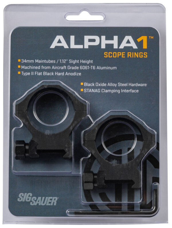 Sig Sauer Electro-Optics SOA10017 Alpha1 Hunting Scope Ring Set For Rifle Weaver High 34mm Tube 0 MOA Black Powder Coated Aluminum