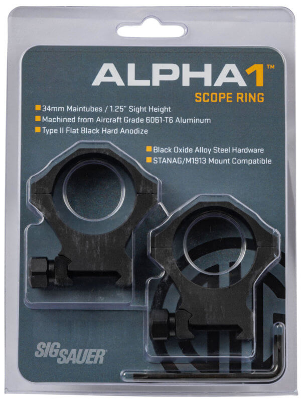 Sig Sauer Electro-Optics SOA10018 Alpha1 Hunting Scope Ring Set For Rifle Weaver Extra High 34mm Tube 0 MOA Black Powder Coated Aluminum