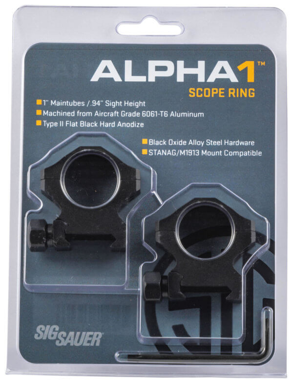 Sig Sauer Electro-Optics SOA10020 Alpha1 Hunting Scope Ring Set For Rifle Weaver Medium 1″ Tube 0 MOA Black Powder Coated Aluminum