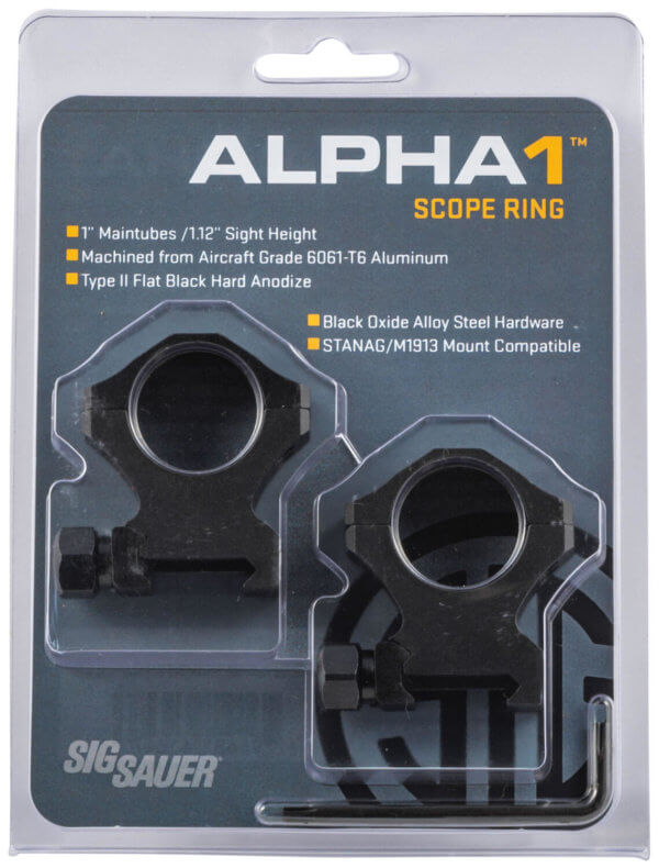 Sig Sauer Electro-Optics SOA10021 Alpha1 Hunting Scope Ring Set For Rifle Weaver High 1″ Tube 0 MOA Black Powder Coated Aluminum