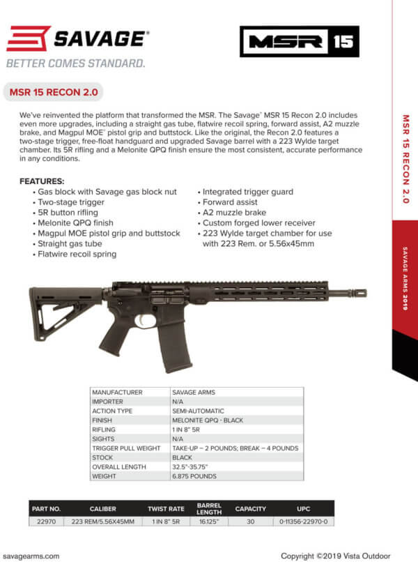 Savage Arms 22970 MSR 15 Recon 2.0 5.56x45mm NATO 30+1 16.13″ Black Barrel/Rec Matte Black Adjustable Magpul Stock Black Magpul Grip