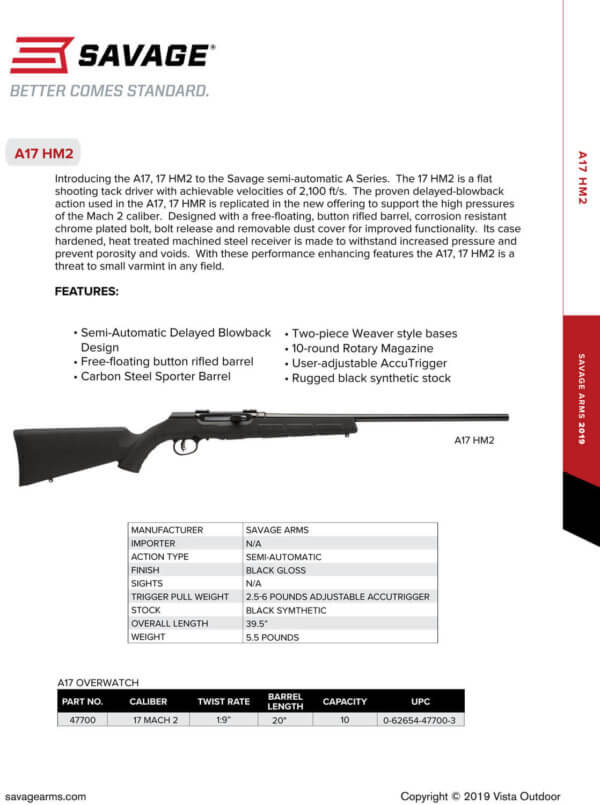 Savage Arms 47700 A17 Semi-Auto 17 HM2 Caliber with 10+1 Capacity 20″ Barrel Matte Black Metal Finish & Matte Black Synthetic Stock Right Hand (Full Size)