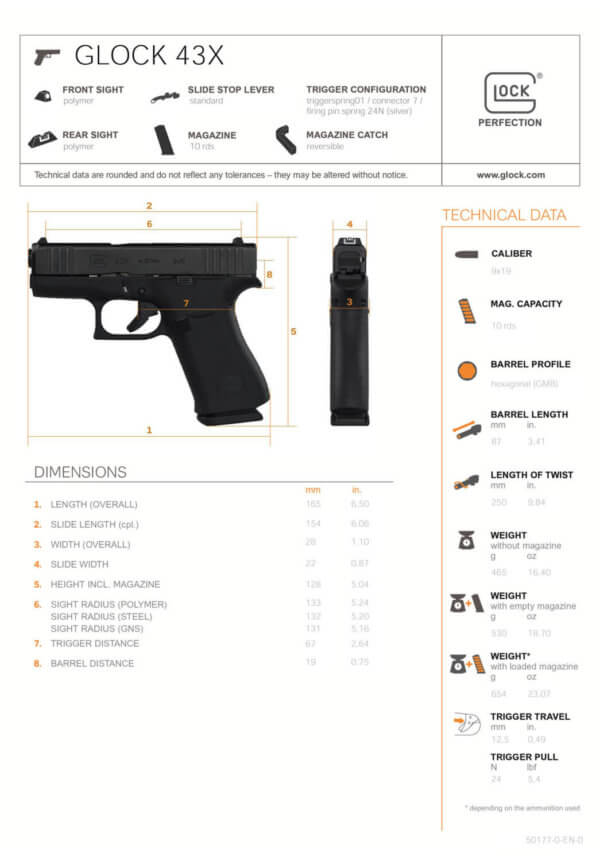 Glock PX4350201 G43X Subcompact 9mm Luger 3.41″ Glock Marksman Barrel 10+1 Black Slimline Frame & nDLC Slide Rough Texture Beavertail Grip Reversible Mag. Catch Safe Action Trigger