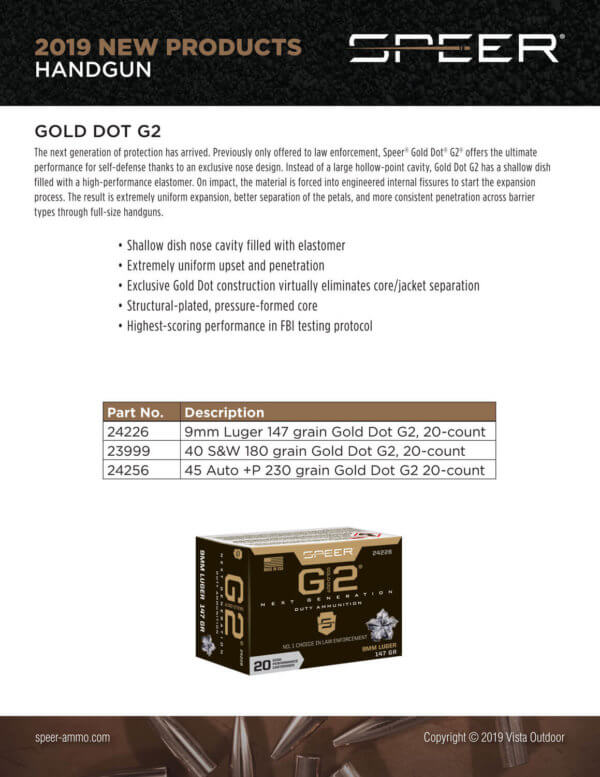 Speer 23999 Gold Dot G2 40 S&W 180 gr G2 20rd Box