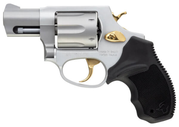 Taurus 2856029ULGLD 856 Ultra-Lite 38 Special Caliber with 2 Barrel  6rd Capacity Cylinder  Overall Matte Finish Stainless Steel  Gold Trigger/Hammer Frame & Finger Grooved Black Rubber Grip”