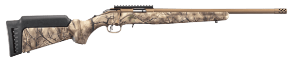 Ruger 8372 American Rimfire 22 LR 10+1 18″ Threaded Barrel With Muzzle Brake Bronze Cerakote Alloy Steel GoWild Camo I-M Brush Synthetic Stock Accepts All 10/22 Magazines Optics Ready