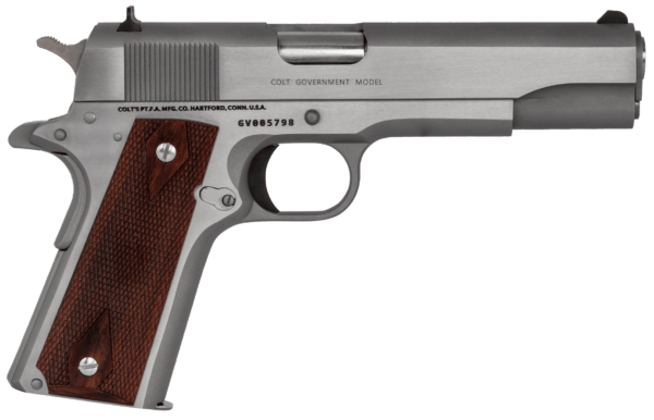 Colt Mfg O1911CSS 1911 Government 45 ACP Caliber with 5″ National Match Barrel 7+1 Capacity Overall Stainless Steel Serrated Slide Rosewood Grip & 70 Series Firing System