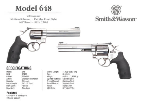 Smith & Wesson 12460 Model 648  22 WMR Stainless Steel 6 Full Underlug Barrel  8rd Cylinder & K-Frame  Synthetic Grip  Internal Lock”