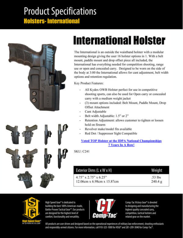 Comp-Tac C241WA225RBKN International OWB Black Kydex Belt Loop/Paddle Fits Walther PPQ SubCompact Right Hand