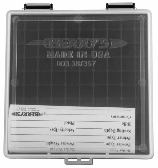 Berry’s 15382 Ammo Box 38 Special 357 Mag Clear/Black Plastic 1.68″ L x 0.40″ 100rd