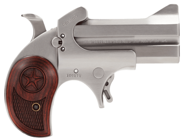 Bond Arms BACD Cowboy Defender 357 Mag/38 Sp 2rd 3″ Barrel Stainless Metal Finish Blade Front/Fixed Rear Sights Laminated Rosewood Grip No Trigger Guard Manual Safety