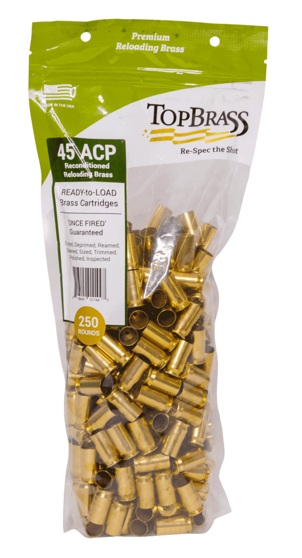 TOP BRASS LLC 7B045ACPCY-250 Premium Reconditioned 45 ACP Handgun Brass 250 Per Bag