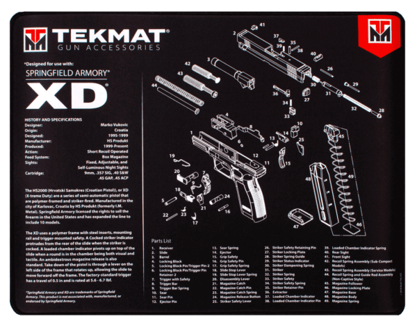 TekMat TEKR20XD Springfield XD Ultra Cleaning Mat Black/White Rubber 20″ Long Springfield XD Parts Diagram