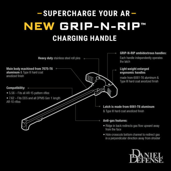 Daniel Defense 0401303252006 Grip-N-Rip Charging Handle AR-15 Black Hardcoat Anodized 7075-T6 Aluminum