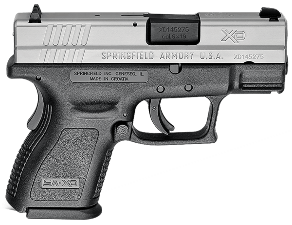 Springfield Armory XD9821 XD *CA Compliant Sub-Compact Frame 9mm Luger 10+1  3 Black Melonite Steel Barrel  Serrated Stainless Steel Slide  Black Polymer Frame w/Picatinny Rail”