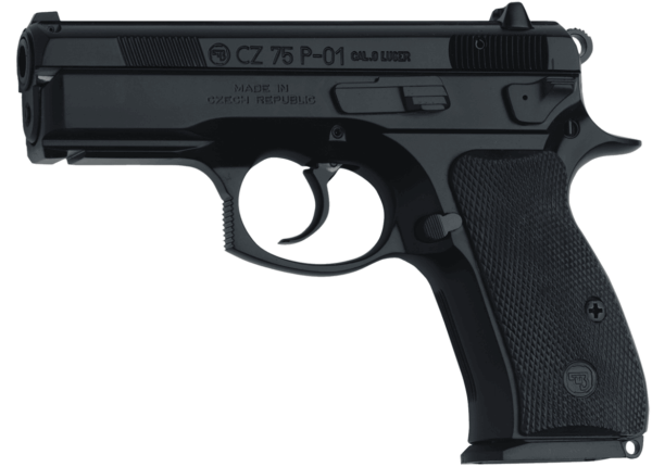 CZ-USA 91199 P-01  9mm Luger 15+1  3.75 Steel Barrel  Black Serrated Steel Slide  Black Polycoat Aluminum Frame w/Beavertail  Black Rubber Grip”