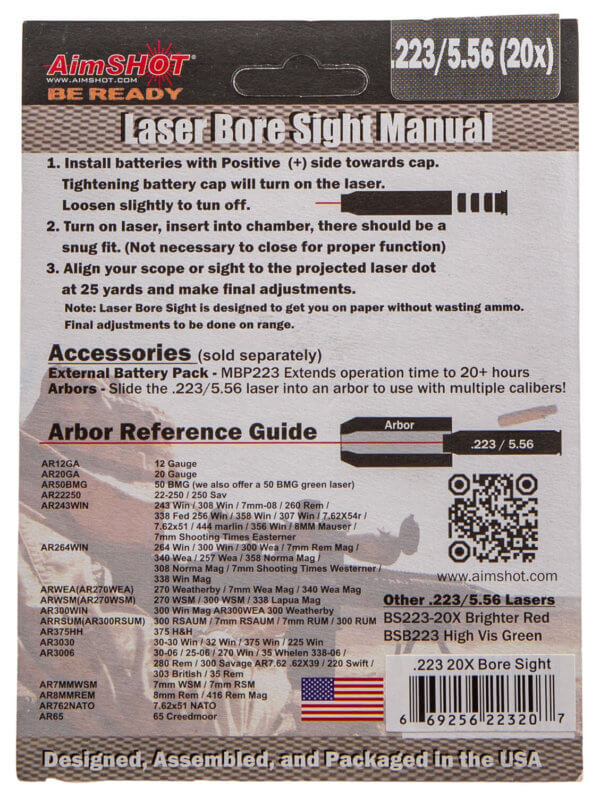 Aimshot BS22320X Laser Boresighter Cartridge 223 Rem Brass 20X Brighter