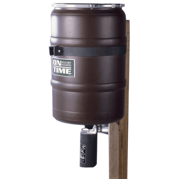 On Time 50003 Elite Lifetime Fish Feeder Combo with 25 Gallon Capacity Black Finish Built-In Agitator Rod & Steel Band with Welded Bracket
