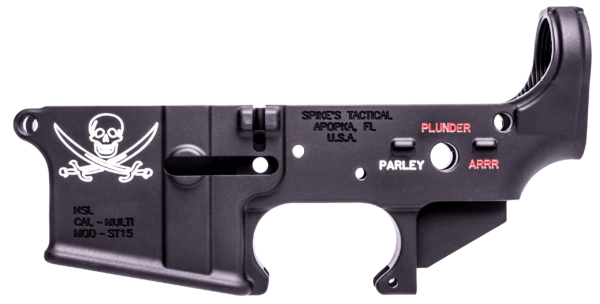 Spikes STLS016CFA Calico Jack Stripped Lower Receiver Multi-Caliber 7075-T6 Aluminum Black Anodized with Color Fill for AR-15