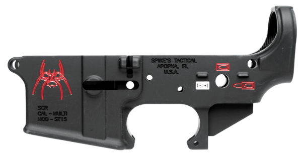 Spikes STLS019CFA Spider Stripped Lower Receiver Multi-Caliber 7075-T6 Aluminum Black Anodized with Color Fill for AR-15