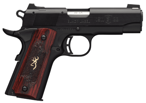 Browning 051852490 1911-22 Black Label Medallion Compact 22 LR 3.63″ 10+1 Matte Black Finish Aluminum Frame & Slide with Checkered Rosewood with Gold Buck Mark Inlay Grip