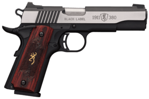Browning 051913492 1911-380 Black Label Medallion Pro Compact 380 ACP 3.63″ 8+1 Polymer Frame With Black Steel Slide/Polished Silver Flats Checkered Rosewood Grip With Gold Buckmark 3-Dot Sights