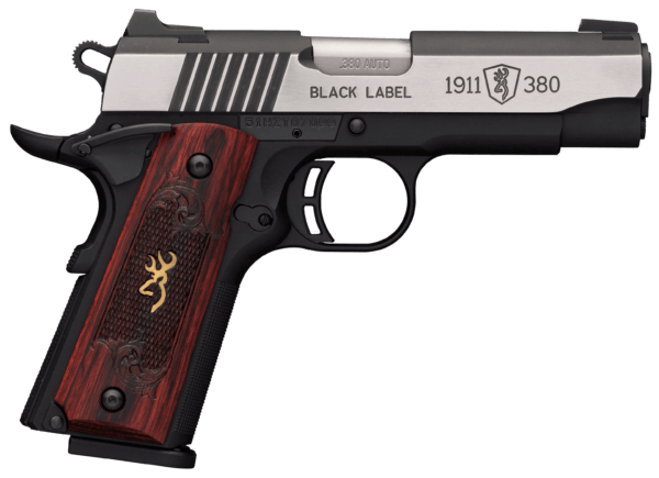 Browning 051915492 1911-380 Black Label Medallion Pro Compact 380 ACP 3.63″ 8+1 Polymer Frame With Black Steel Slide/Polished Silver Flats Checkered Rosewood Grip With Gold Buckmark Night Sights