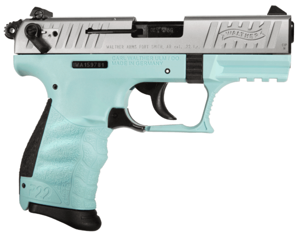 Walther Arms 5120362 P22 Rimfire *CA Compliant* 22 Long Rifle (LR) Single/Double 3.42″ 10+1 Angel Blue Polymer Grip/Frame Grip Black Tenifer Slide