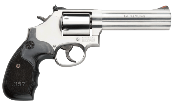 Smith & Wesson 150854 Model 686 Plus 357 Mag or 38 S&W Spl +P  Stainless Steel 5 Barrel & 7rd  Cylinder  Satin Stainless Steel L-Frame  Black/Silver Custom Wood Grip  Red Ramp Front/White Outline Rear Sights  Internal Lock”