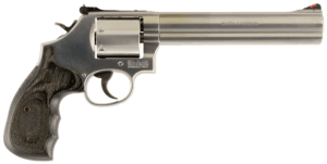 Smith & Wesson 150855 Model 686 Plus 38 S&W Spl +P 357 Mag 7rd 7″ Stainless Steel Barrel & Cylinder Satin Stainless Steel Frame with Black & Silver Custom Wood Grip & Red Ramp Front Sight