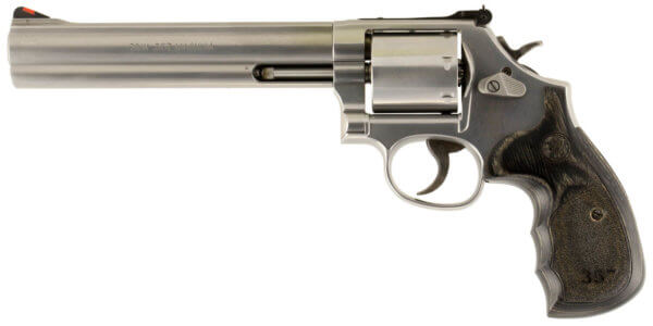 Smith & Wesson 150855 Model 686 Plus 357 Mag or 38 S&W Spl +P  Stainless Steel 7 Barrel & 7rd  Cylinder  Satin Stainless Steel L-Frame  Black/Silver Custom Wood Grip  Red Ramp Front/White Outline Rear Sights  Internal Lock”