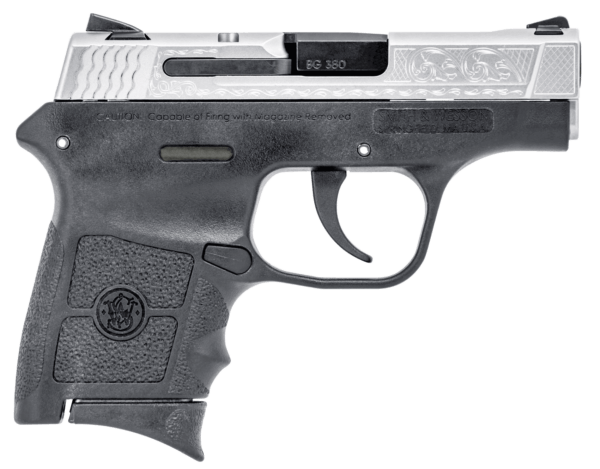 Smith & Wesson 10110 M&P Bodyguard Micro-Compact Frame 380 ACP 6+1 2.75″ Black Stainless Steel Barrel  Matte Silver w/Engraving Serrated Stainless Steel Slide  Matte Black Polymer Frame   Ambidextrous