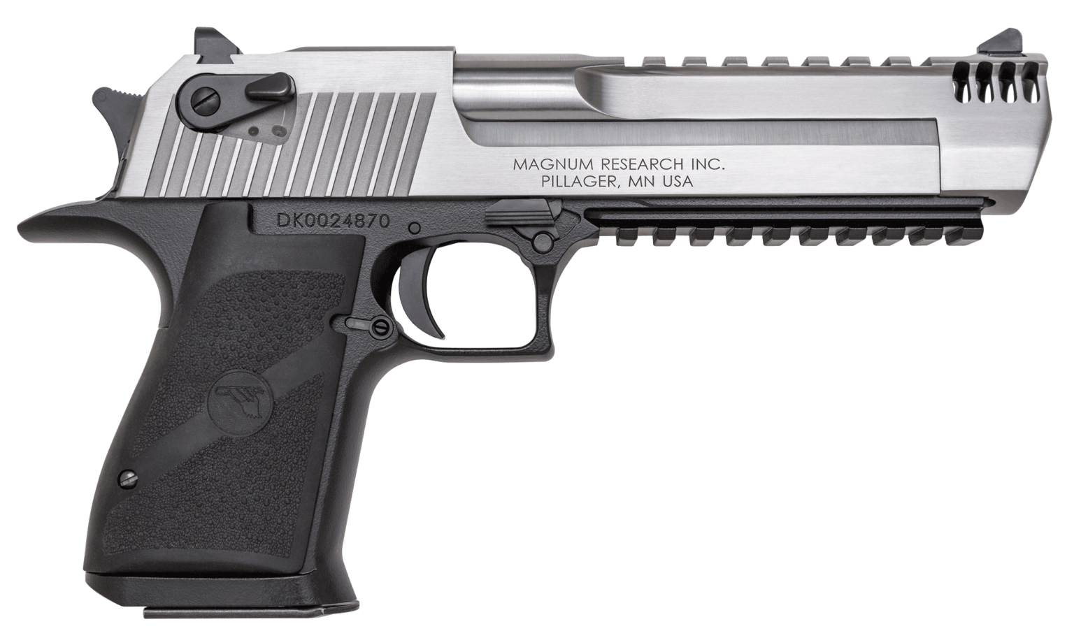 Magnum Research DE357ASIMB Desert Eagle Mark XIX L6 357 Mag 9+1  6″ Stainless Steel w/Integral Muzzle Brake & Picatinny Rail Barrel  Stainless Serrated Stainless Steel Slide  Black Anodized Aluminum Frame w/Beavertail  Black Polymer Grip  Manual Thumb Saf