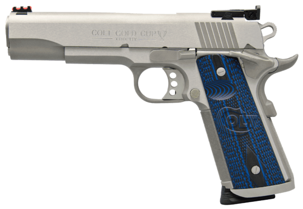 Colt Mfg O5070XE Gold Cup Trophy 45 ACP 8+1 5″ Steel Barrel Stainless Steel Serrated Slide & Frame w/Beavertail Competition Blue G10 Grips Right Hand