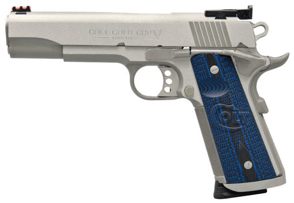 Colt Mfg O5072XE Gold Cup Trophy 9mm Luger 9+1 5″ Steel Barrel Stainless Steel Serrated Slide & Frame w/Beavertail Competition Blue G10 Grips Right Hand